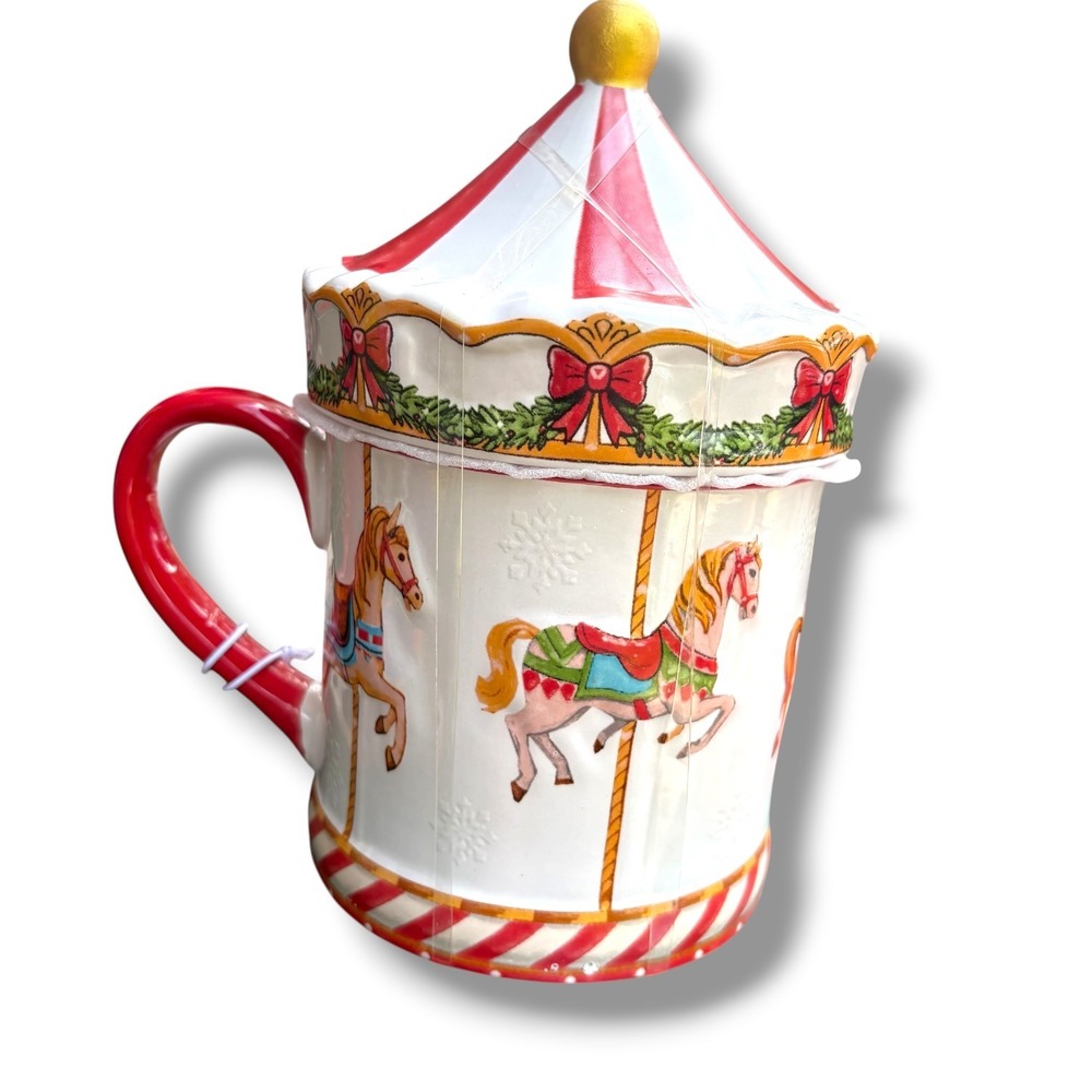 Global Design Connections Christmas Carousel Lidded Mug Ceramic Holiday Horse - Picture 2 of 5